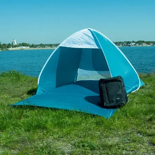 2-Personen Pop-Up-Strandzelt mit Moskitonetz, blau weiß