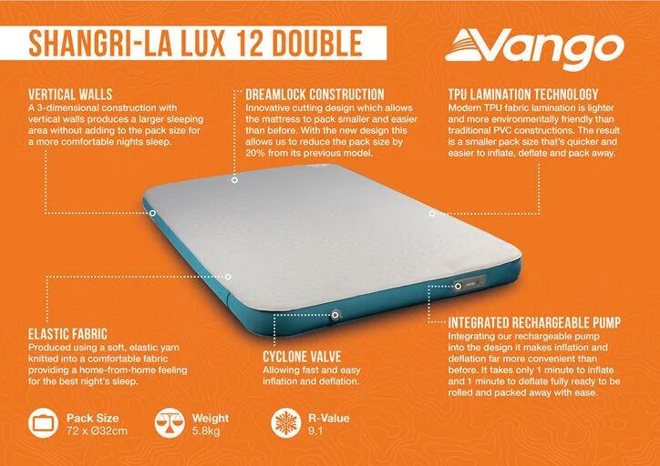 Vango Shangri-La Lux 12cm Double Self-Inflating Mat with Pump