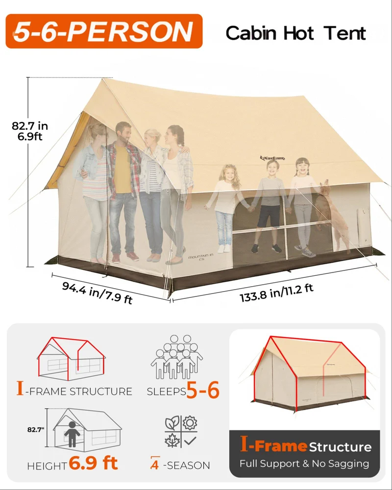 MOUNTAIN IN C5 Canvas Hot Tent | 5-6 Person Cabin Tent with Stove Jack