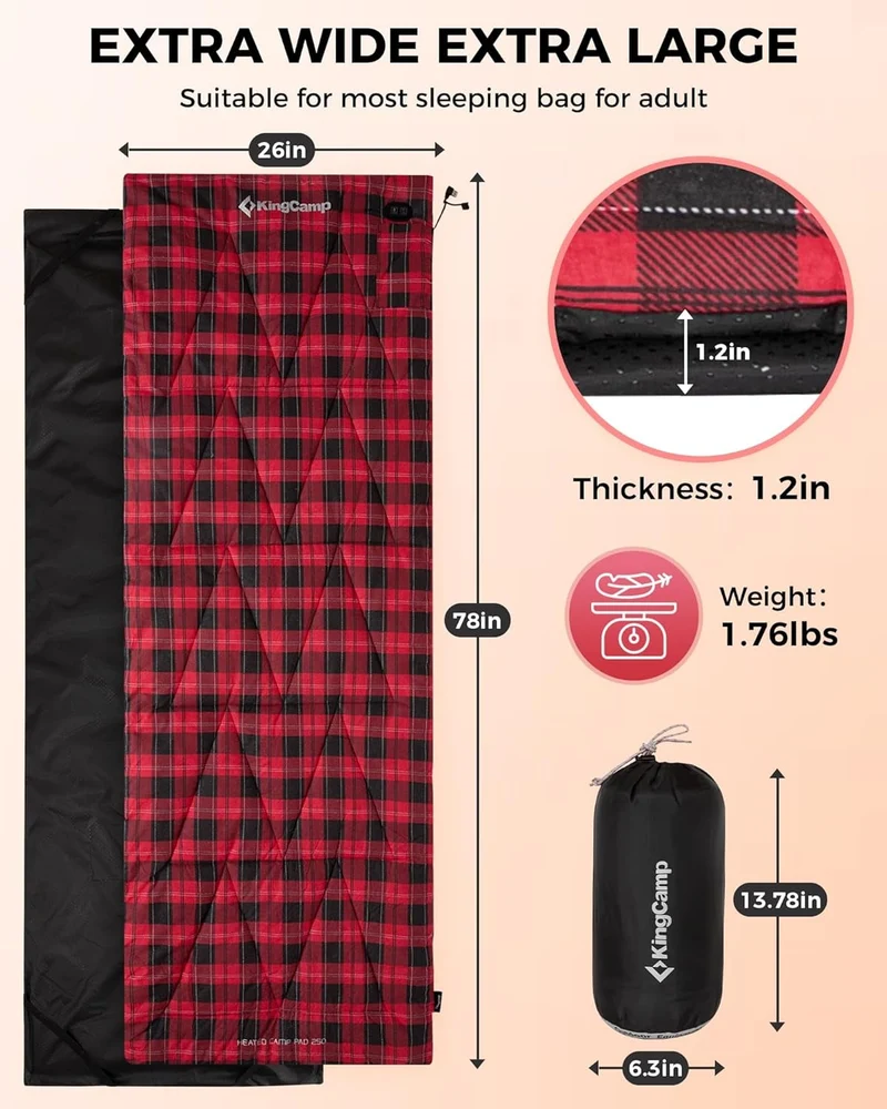 KingCamp Heated Sleeping Bag Liner | 6-Zone Heating Cot Mat 100% Cotton Flannel