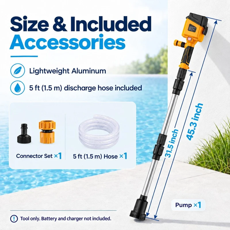 SUGIFT Water Transfer Pump with 840 GPH Brushless Motor and 32 ft Lift, Cordless Stick Pump Compatible with DeWalt 20V MAX Battery for Pool, Rain Barrel, Boat and Basement Drainage, Tool Only
