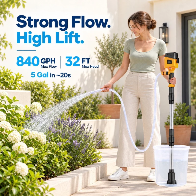 SUGIFT Water Transfer Pump with 840 GPH Brushless Motor and 32 ft Lift, Cordless Stick Pump Compatible with DeWalt 20V MAX Battery for Pool, Rain Barrel, Boat and Basement Drainage, Tool Only