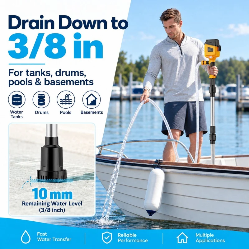 SUGIFT Water Transfer Pump with 840 GPH Brushless Motor and 32 ft Lift, Cordless Stick Pump Compatible with DeWalt 20V MAX Battery for Pool, Rain Barrel, Boat and Basement Drainage, Tool Only