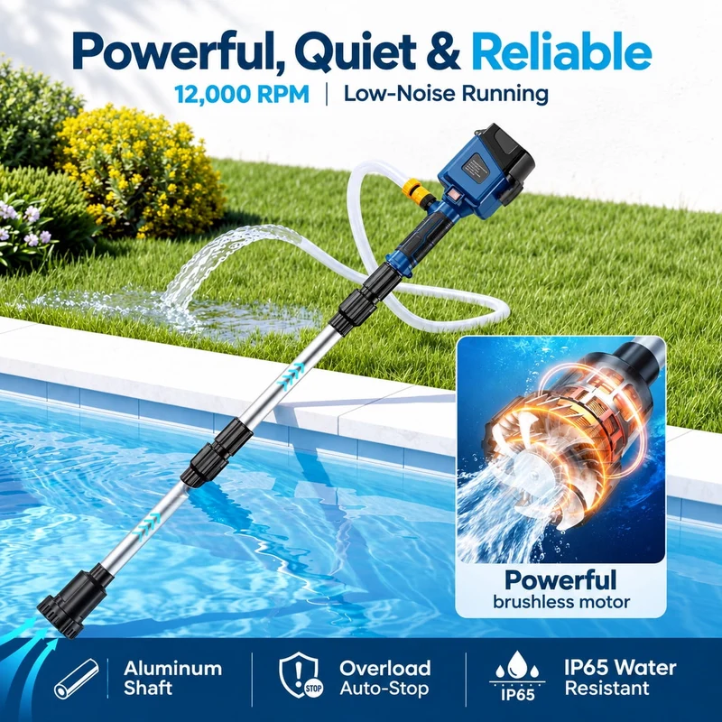 SUGIFT Water Transfer Pump with 840 GPH Brushless Motor and 32 ft Lift, Cordless Battery Powered Stick Pump with 21V Battery and Charger for Pool, Rain Barrel, Boat and Basement Drainage