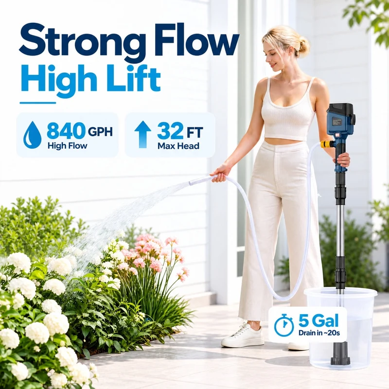 SUGIFT Water Transfer Pump with 840 GPH Brushless Motor and 32 ft Lift, Cordless Battery Powered Stick Pump with 21V Battery and Charger for Pool, Rain Barrel, Boat and Basement Drainage