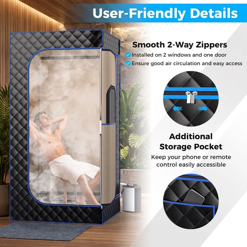 SUGIFT Portable Steam Sauna with 3L Steam Generator Remote Control Wood Foot Massager Foldable Chair and Nine Temperature Levels for Home Relaxation, Black