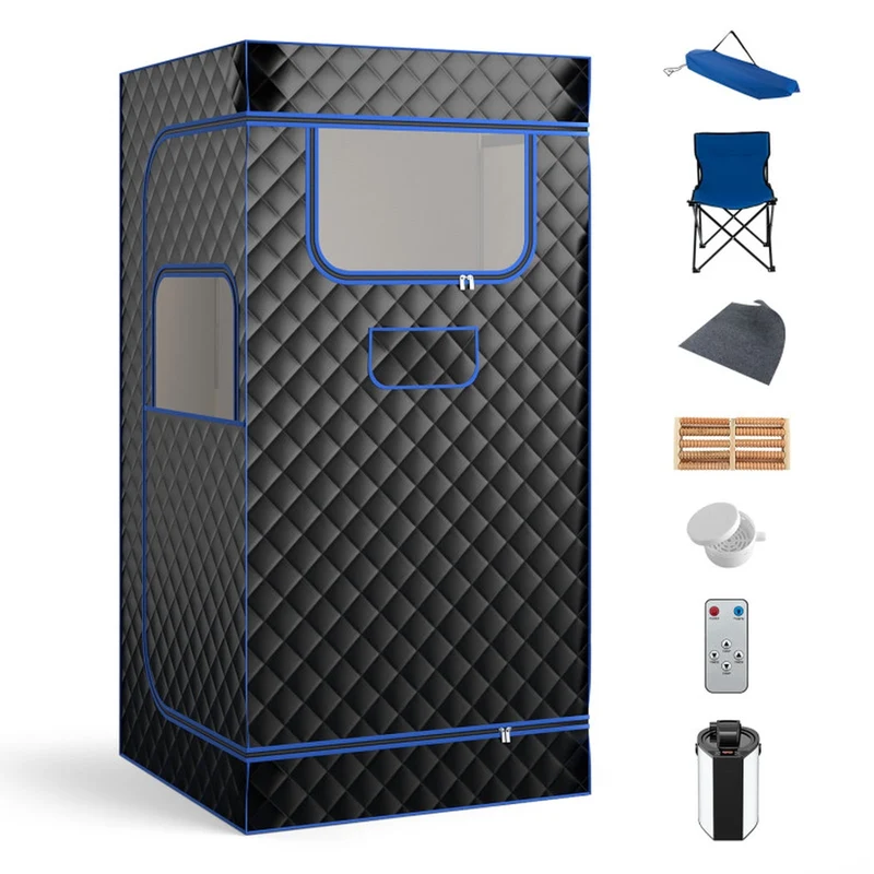 SUGIFT Portable Steam Sauna with 3L Steam Generator Remote Control Wood Foot Massager Foldable Chair and Nine Temperature Levels for Home Relaxation, Black