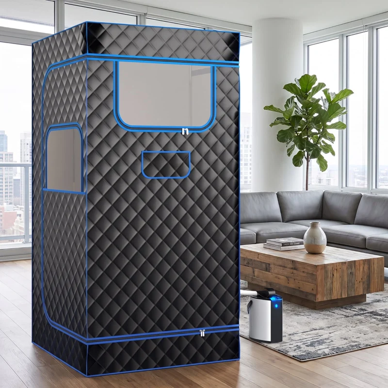 SUGIFT Portable Steam Sauna with 3L Steam Generator Remote Control Wood Foot Massager Foldable Chair and Nine Temperature Levels for Home Relaxation, Black
