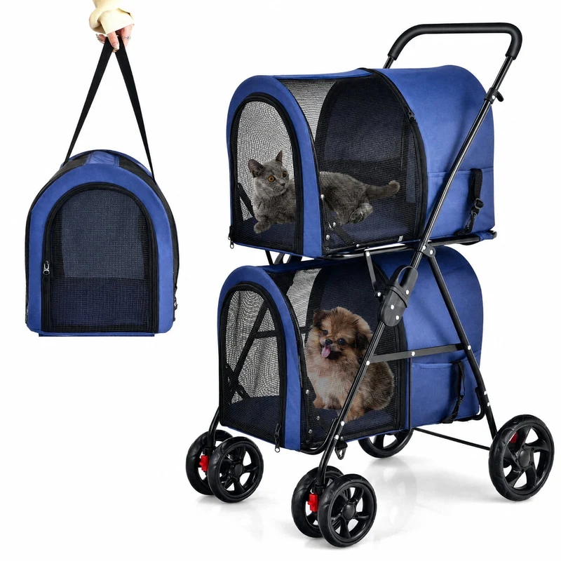 SUGIFT Double Pet Stroller for Small Dogs and Cats, Foldable Cat Stroller with 2 Detachable Carriers, Breathable Dog Stroller, Beige Blue
