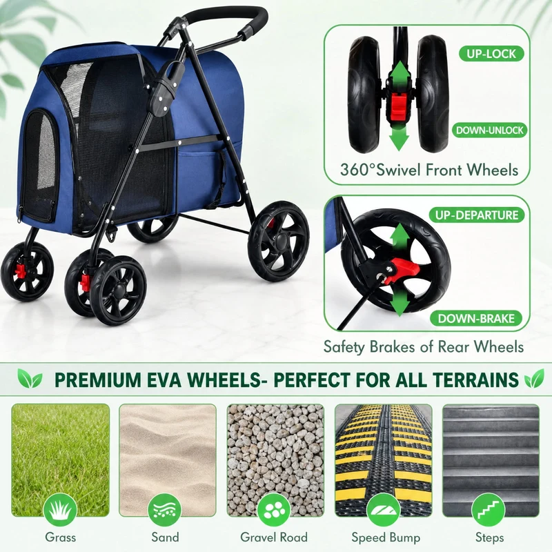 SUGIFT Double Pet Stroller for Small Dogs and Cats, Foldable Cat Stroller with 2 Detachable Carriers, Breathable Dog Stroller, Beige Blue