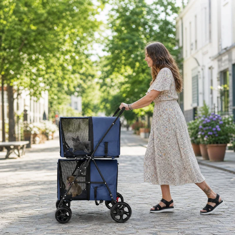 SUGIFT Double Pet Stroller for Small Dogs and Cats, Foldable Cat Stroller with 2 Detachable Carriers, Breathable Dog Stroller, Beige Blue