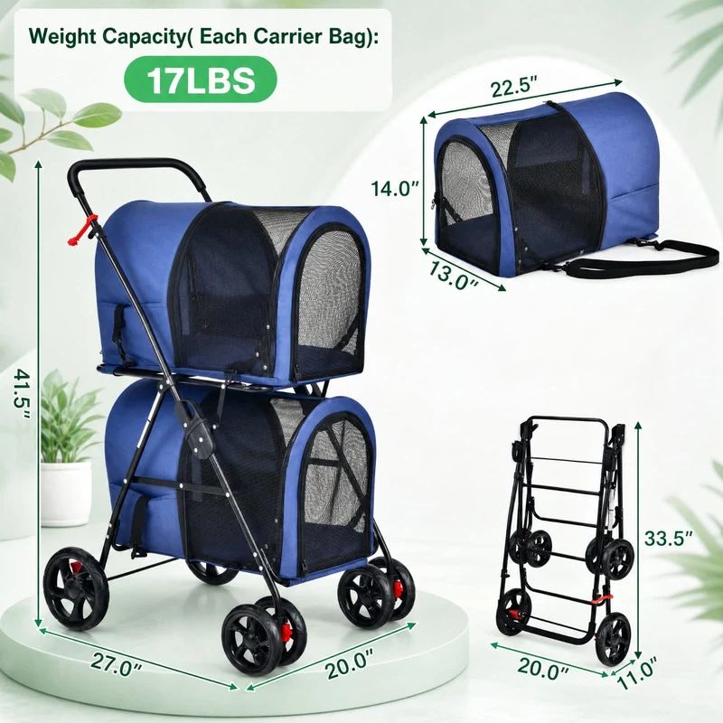 SUGIFT Double Pet Stroller for Small Dogs and Cats, Foldable Cat Stroller with 2 Detachable Carriers, Breathable Dog Stroller, Beige Blue