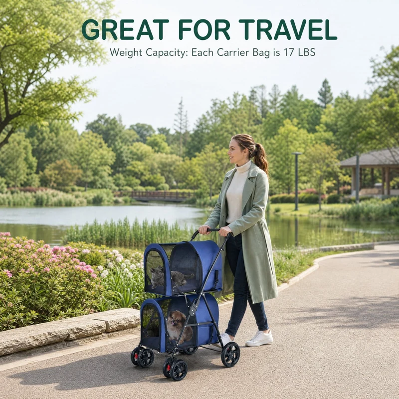SUGIFT Double Pet Stroller for Small Dogs and Cats, Foldable Cat Stroller with 2 Detachable Carriers, Breathable Dog Stroller, Beige Blue