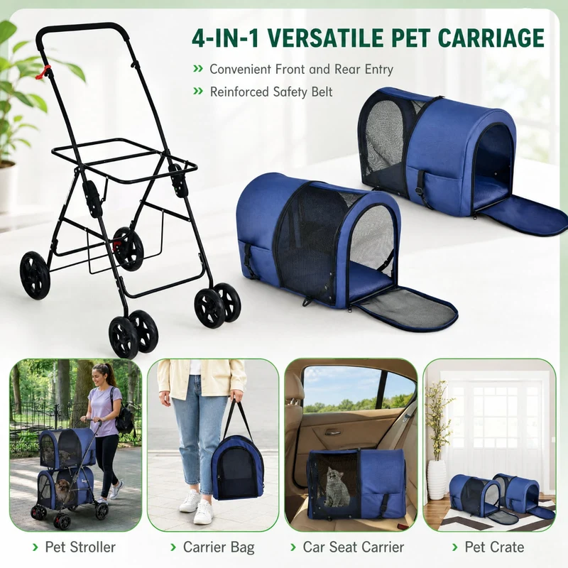 SUGIFT Double Pet Stroller for Small Dogs and Cats, Foldable Cat Stroller with 2 Detachable Carriers, Breathable Dog Stroller, Beige Blue