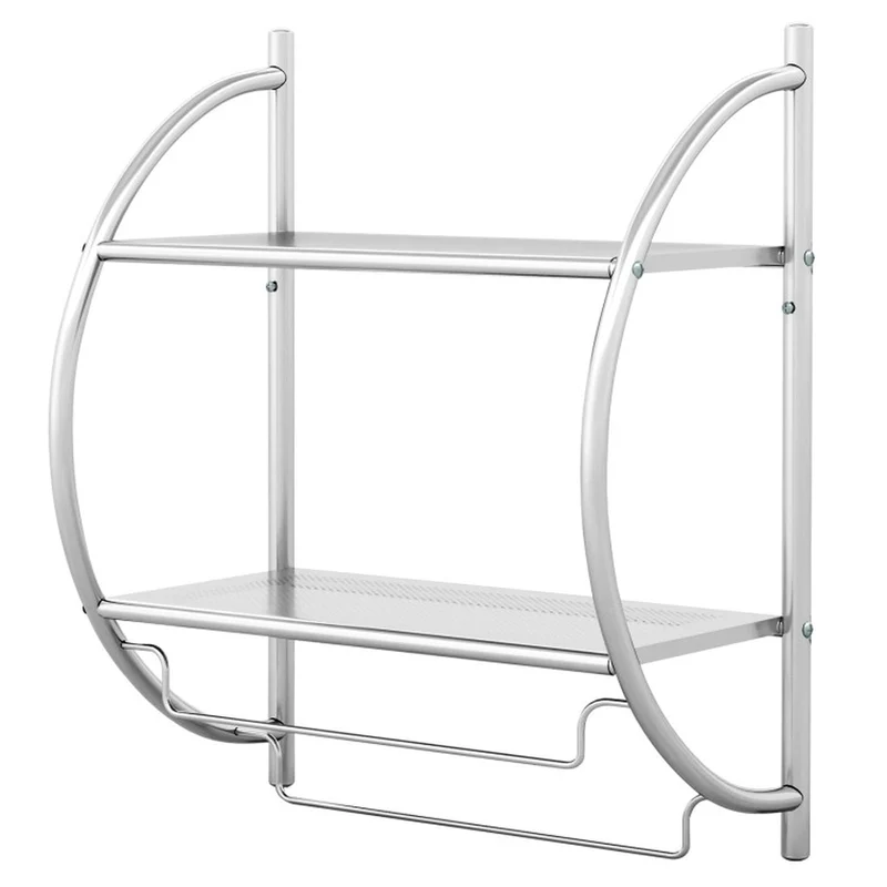 SUGIFT Wall Mounted 2 Tier Bathroom Towel Rack with 2 Towel Bars Metal Storage Shelf Organizer with Mesh Shelves Rustproof Frame Space Saving for Bathroom Kitchen and Entryway, Silver