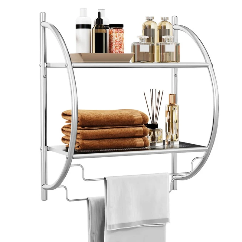 SUGIFT Wall Mounted 2 Tier Bathroom Towel Rack with 2 Towel Bars Metal Storage Shelf Organizer with Mesh Shelves Rustproof Frame Space Saving for Bathroom Kitchen and Entryway, Silver