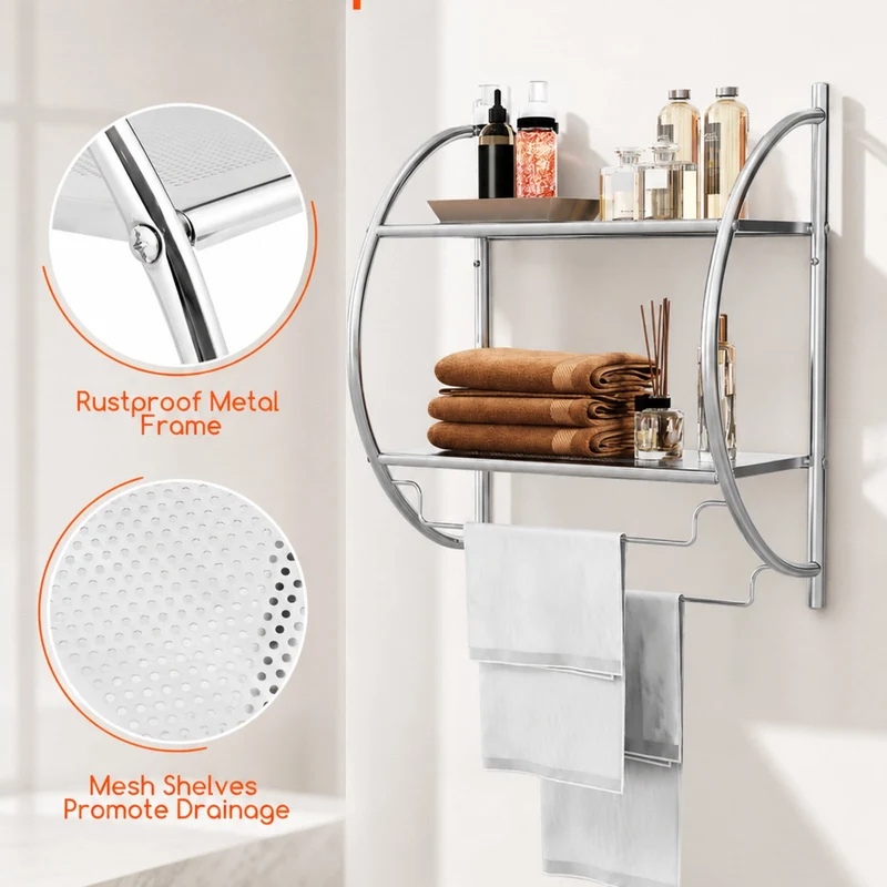 SUGIFT Wall Mounted 2 Tier Bathroom Towel Rack with 2 Towel Bars Metal Storage Shelf Organizer with Mesh Shelves Rustproof Frame Space Saving for Bathroom Kitchen and Entryway, Silver
