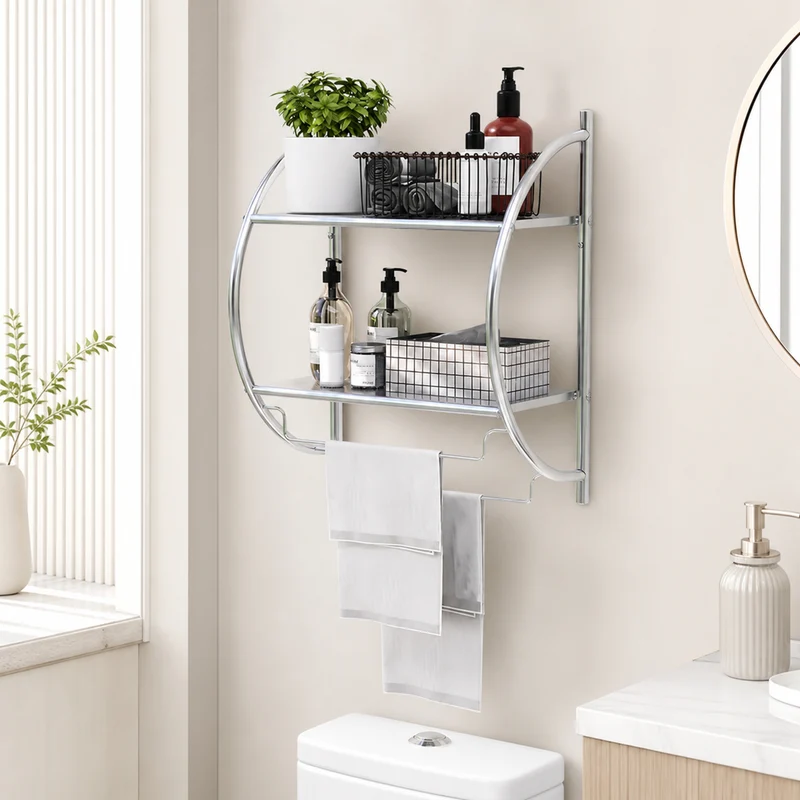 SUGIFT Wall Mounted 2 Tier Bathroom Towel Rack with 2 Towel Bars Metal Storage Shelf Organizer with Mesh Shelves Rustproof Frame Space Saving for Bathroom Kitchen and Entryway, Silver