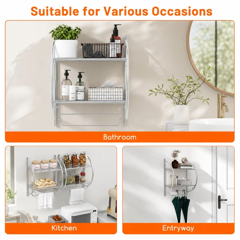 SUGIFT Wall Mounted 2 Tier Bathroom Towel Rack with 2 Towel Bars Metal Storage Shelf Organizer with Mesh Shelves Rustproof Frame Space Saving for Bathroom Kitchen and Entryway, Silver