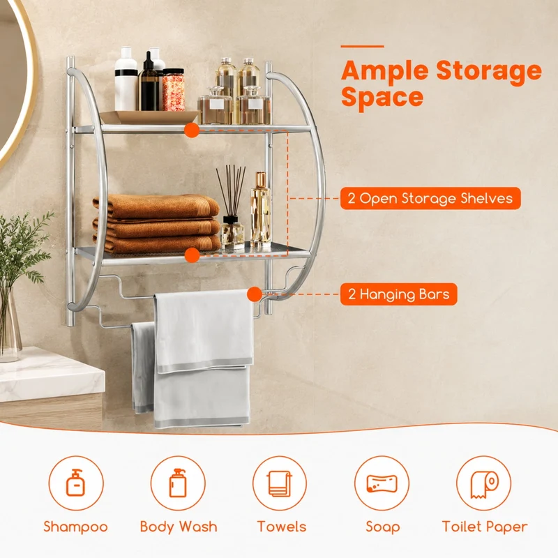 SUGIFT Wall Mounted 2 Tier Bathroom Towel Rack with 2 Towel Bars Metal Storage Shelf Organizer with Mesh Shelves Rustproof Frame Space Saving for Bathroom Kitchen and Entryway, Silver