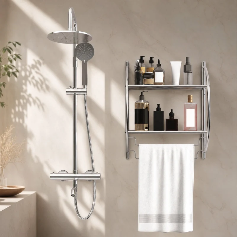 SUGIFT Wall Mounted 2 Tier Bathroom Towel Rack with 2 Towel Bars Metal Storage Shelf Organizer with Mesh Shelves Rustproof Frame Space Saving for Bathroom Kitchen and Entryway, Silver
