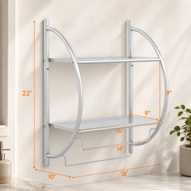 SUGIFT Wall Mounted 2 Tier Bathroom Towel Rack with 2 Towel Bars Metal Storage Shelf Organizer with Mesh Shelves Rustproof Frame Space Saving for Bathroom Kitchen and Entryway, Silver