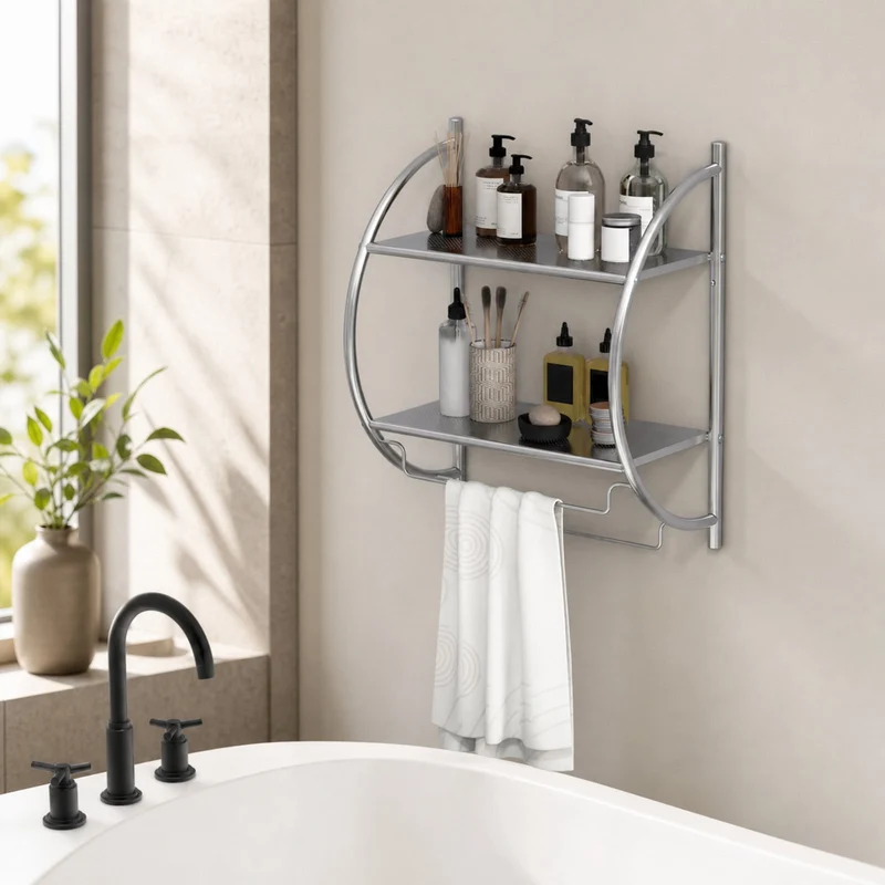 SUGIFT Wall Mounted 2 Tier Bathroom Towel Rack with 2 Towel Bars Metal Storage Shelf Organizer with Mesh Shelves Rustproof Frame Space Saving for Bathroom Kitchen and Entryway, Silver