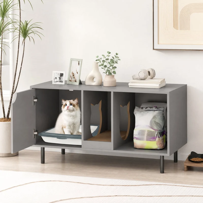 SUGIFT 40 Inch Cat Litter Box Enclosure Pet Playpen for 2 Cats, Hidden Washroom Cabinet Pet Enclosure with Scratching Board, Gray