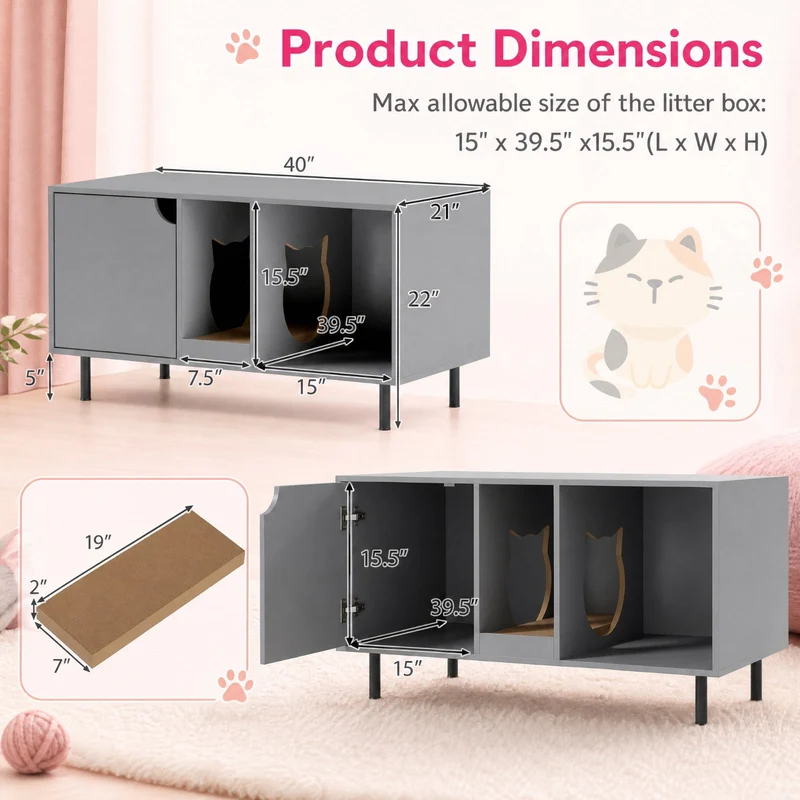 SUGIFT 40 Inch Cat Litter Box Enclosure Pet Playpen for 2 Cats, Hidden Washroom Cabinet Pet Enclosure with Scratching Board, Gray