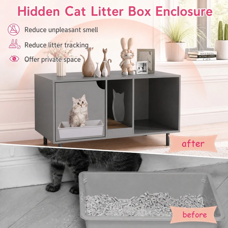 SUGIFT 40 Inch Cat Litter Box Enclosure Pet Playpen for 2 Cats, Hidden Washroom Cabinet Pet Enclosure with Scratching Board, Gray