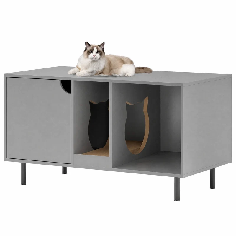 SUGIFT 40 Inch Cat Litter Box Enclosure Pet Playpen for 2 Cats, Hidden Washroom Cabinet Pet Enclosure with Scratching Board, Gray