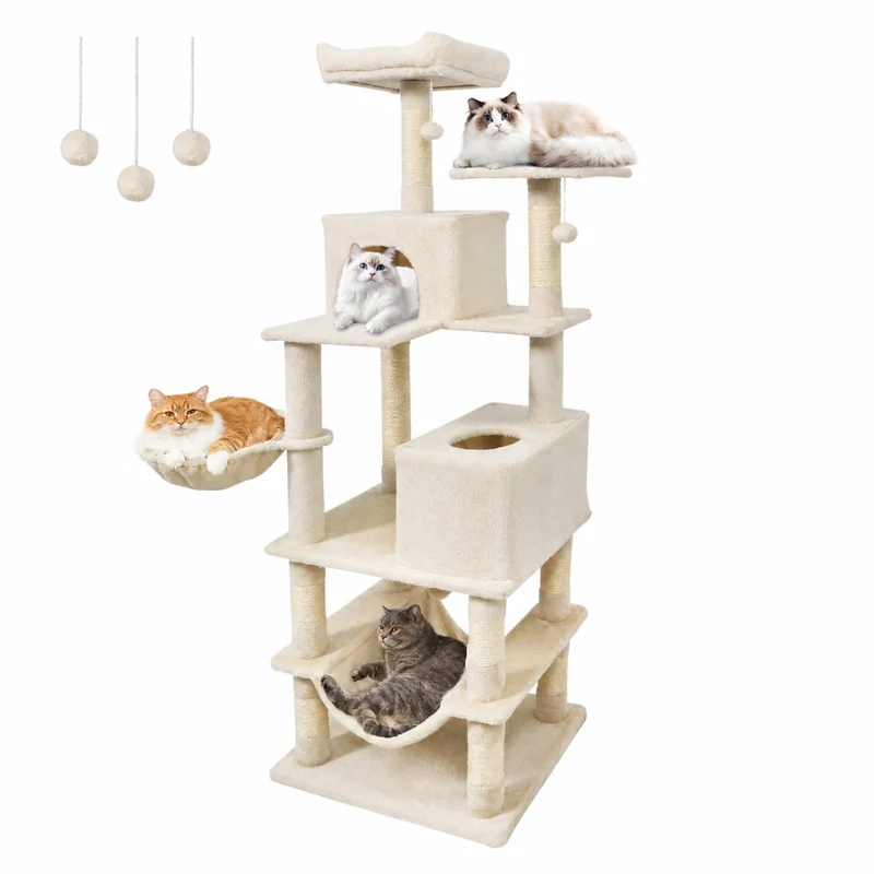 SUGIFT 66 Inch Tall Cat Tree with 2 Condos, Cat Tower with Sisal Scratching Posts and Plush Perches, Large Cat Activity Tree for Indoor Cats, Beige