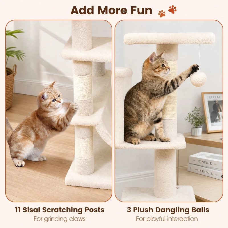 SUGIFT 66 Inch Tall Cat Tree with 2 Condos, Cat Tower with Sisal Scratching Posts and Plush Perches, Large Cat Activity Tree for Indoor Cats, Beige