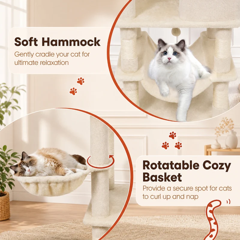 SUGIFT 66 Inch Tall Cat Tree with 2 Condos, Cat Tower with Sisal Scratching Posts and Plush Perches, Large Cat Activity Tree for Indoor Cats, Beige
