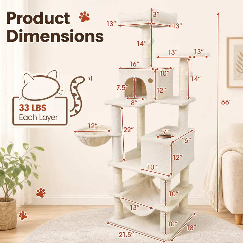 SUGIFT 66 Inch Tall Cat Tree with 2 Condos, Cat Tower with Sisal Scratching Posts and Plush Perches, Large Cat Activity Tree for Indoor Cats, Beige
