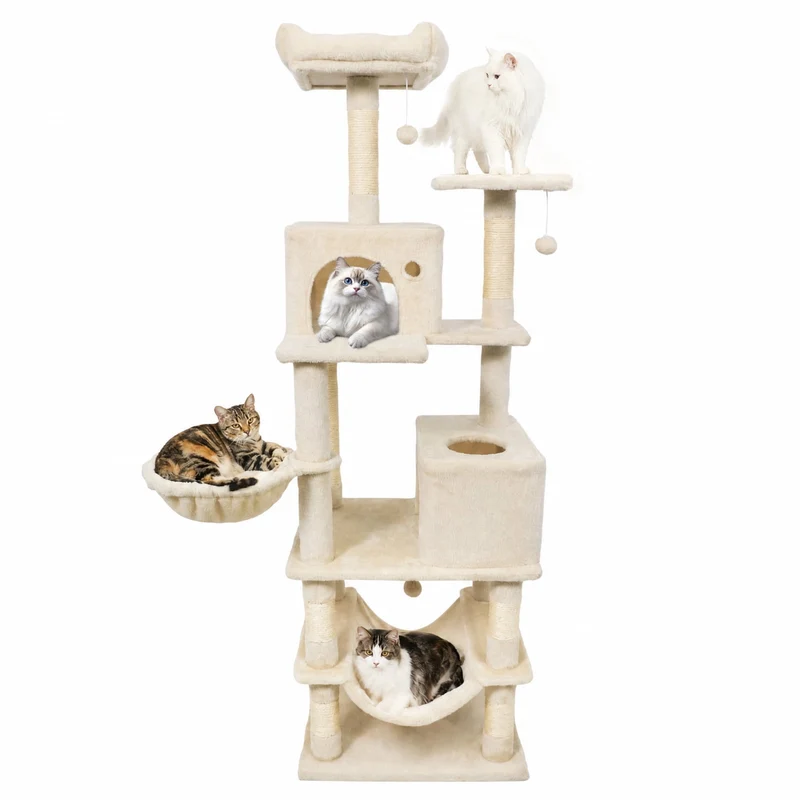 SUGIFT 66 Inch Tall Cat Tree with 2 Condos, Cat Tower with Sisal Scratching Posts and Plush Perches, Large Cat Activity Tree for Indoor Cats, Beige