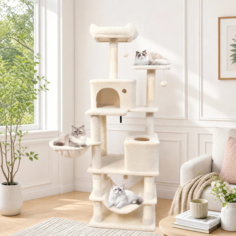 SUGIFT 66 Inch Tall Cat Tree with 2 Condos, Cat Tower with Sisal Scratching Posts and Plush Perches, Large Cat Activity Tree for Indoor Cats, Beige