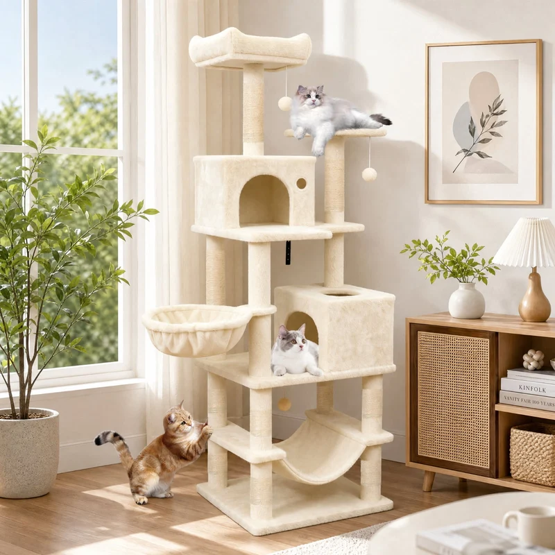SUGIFT 66 Inch Tall Cat Tree with 2 Condos, Cat Tower with Sisal Scratching Posts and Plush Perches, Large Cat Activity Tree for Indoor Cats, Beige