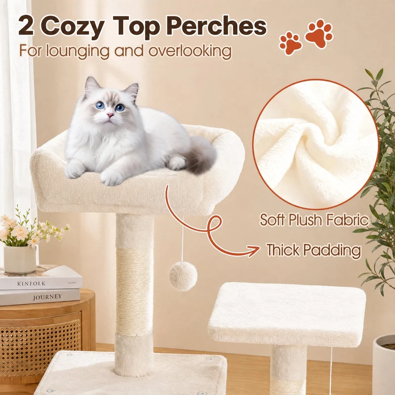 SUGIFT 66 Inch Tall Cat Tree with 2 Condos, Cat Tower with Sisal Scratching Posts and Plush Perches, Large Cat Activity Tree for Indoor Cats, Beige