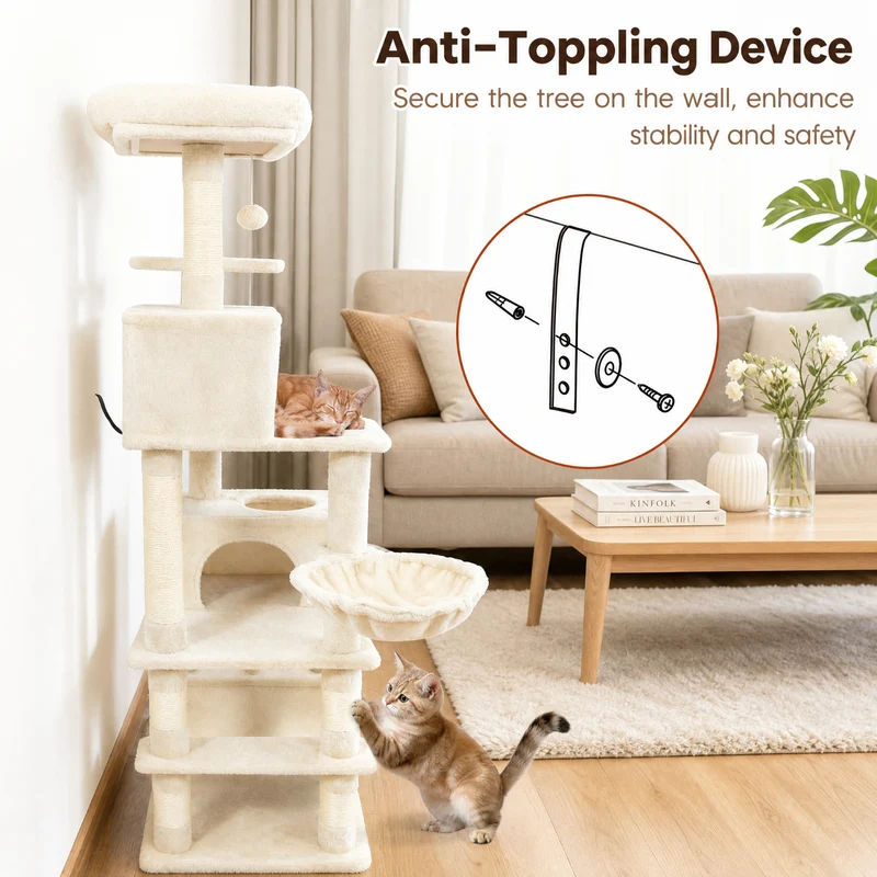 SUGIFT 66 Inch Tall Cat Tree with 2 Condos, Cat Tower with Sisal Scratching Posts and Plush Perches, Large Cat Activity Tree for Indoor Cats, Beige