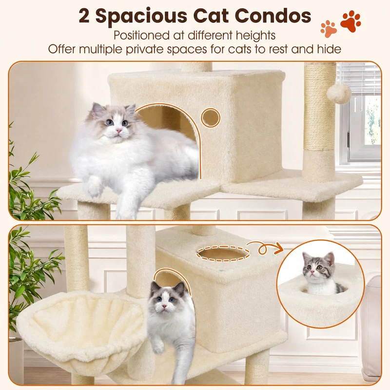 SUGIFT 66 Inch Tall Cat Tree with 2 Condos, Cat Tower with Sisal Scratching Posts and Plush Perches, Large Cat Activity Tree for Indoor Cats, Beige