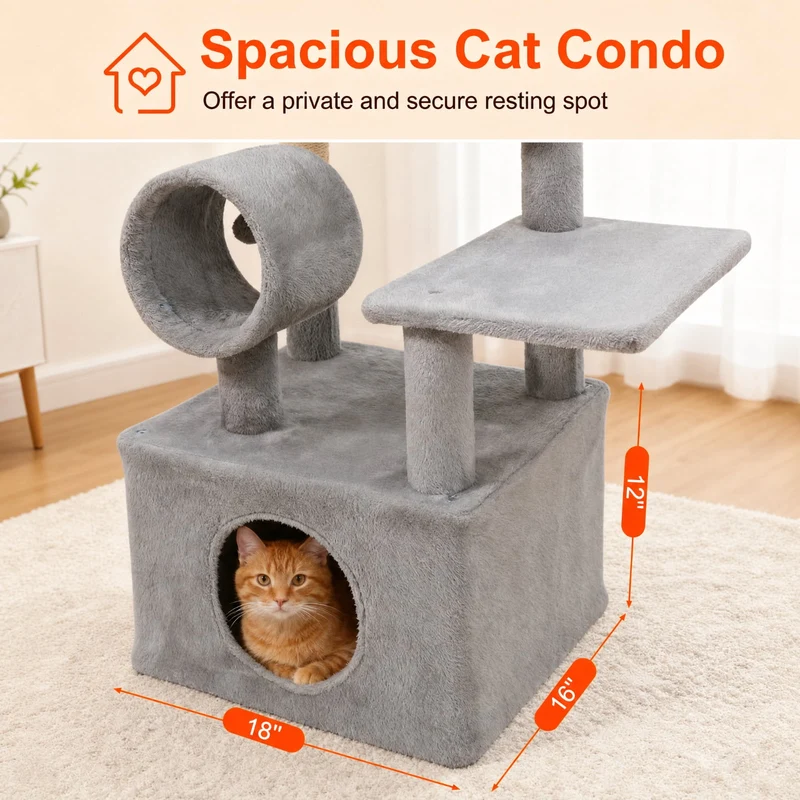 SUGIFT 48 Inches Tall Cat Tree Multi Level Kitten Tower with Large Condo and Padded Top Perch for Indoor Cats, Light Gray,
