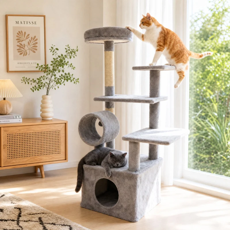 SUGIFT 48 Inches Tall Cat Tree Multi Level Kitten Tower with Large Condo and Padded Top Perch for Indoor Cats, Light Gray,