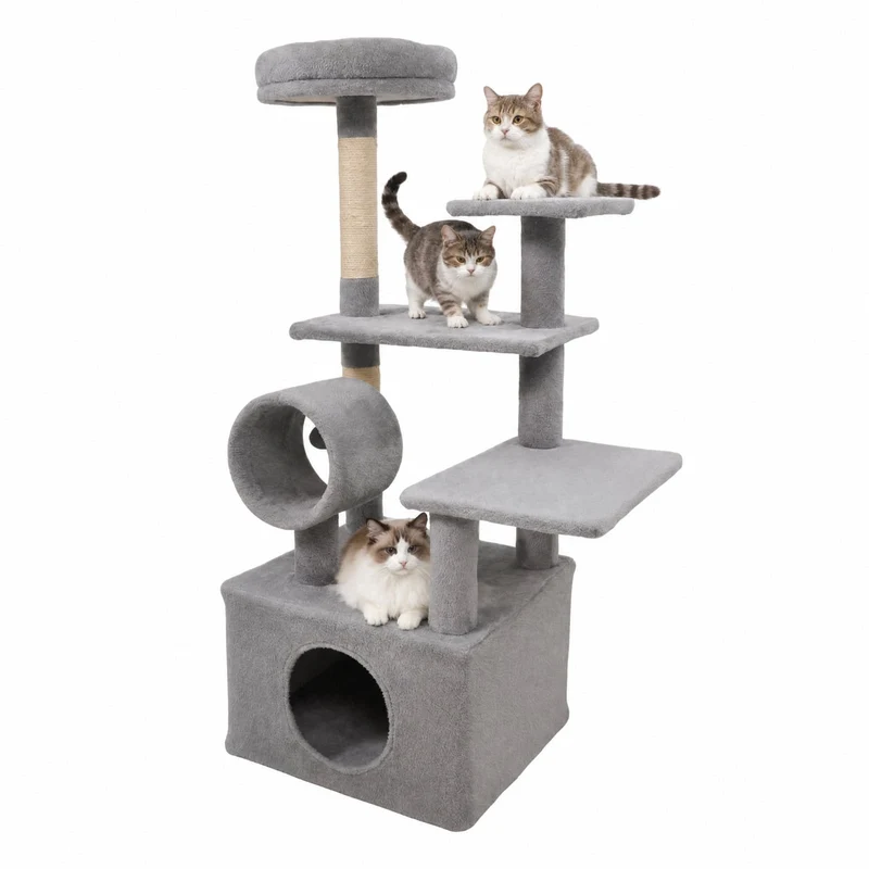 SUGIFT 48 Inches Tall Cat Tree Multi Level Kitten Tower with Large Condo and Padded Top Perch for Indoor Cats, Light Gray,