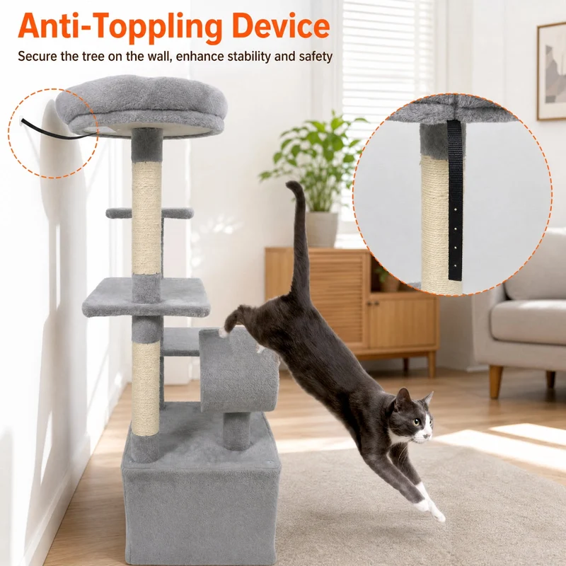 SUGIFT 48 Inches Tall Cat Tree Multi Level Kitten Tower with Large Condo and Padded Top Perch for Indoor Cats, Light Gray,