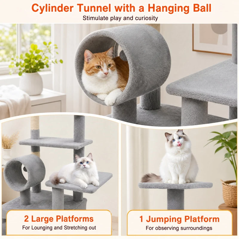 SUGIFT 48 Inches Tall Cat Tree Multi Level Kitten Tower with Large Condo and Padded Top Perch for Indoor Cats, Light Gray,