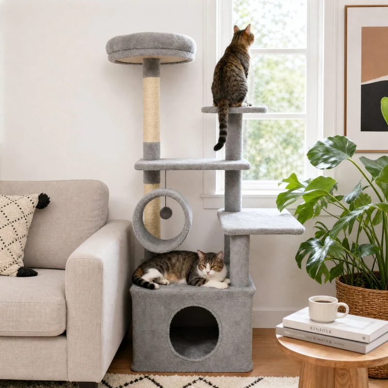 SUGIFT 48 Inches Tall Cat Tree Multi Level Kitten Tower with Large Condo and Padded Top Perch for Indoor Cats, Light Gray,