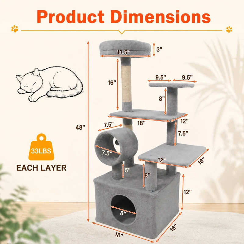SUGIFT 48 Inches Tall Cat Tree Multi Level Kitten Tower with Large Condo and Padded Top Perch for Indoor Cats, Light Gray,