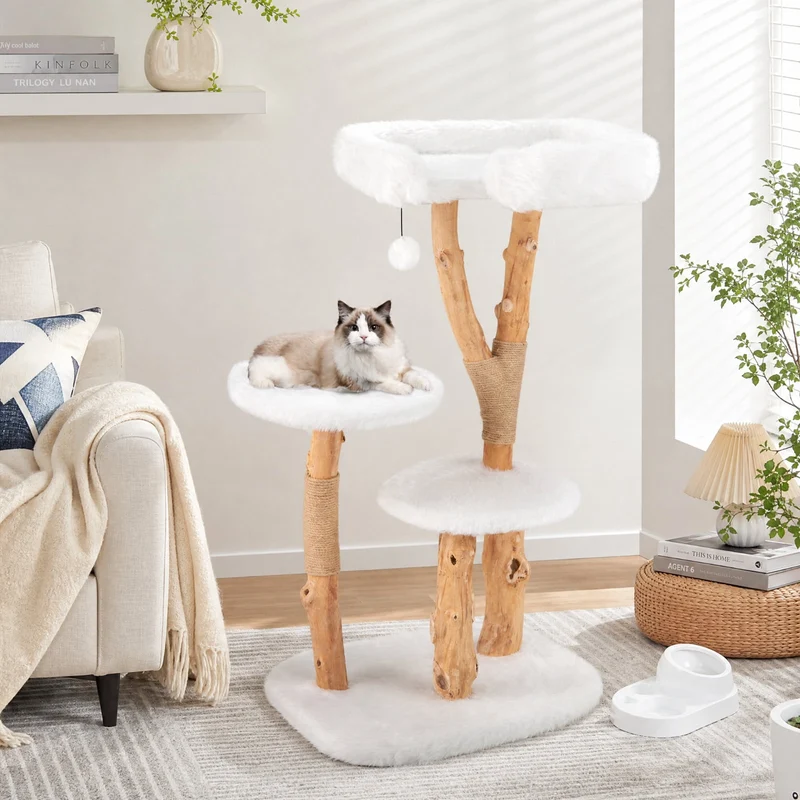 SUGIFT 44 Inch Solid Wood Cat Tree with Top Perch Natural Jute Scratching Posts Modern Wooden Cat Tower with Plush Platforms for Large Cats, White