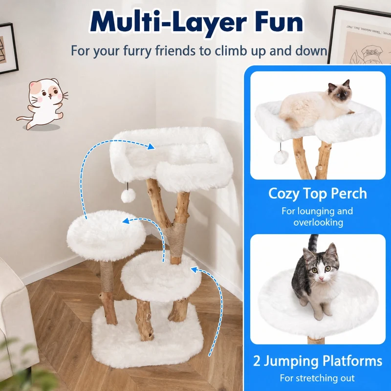 SUGIFT 44 Inch Solid Wood Cat Tree with Top Perch Natural Jute Scratching Posts Modern Wooden Cat Tower with Plush Platforms for Large Cats, White